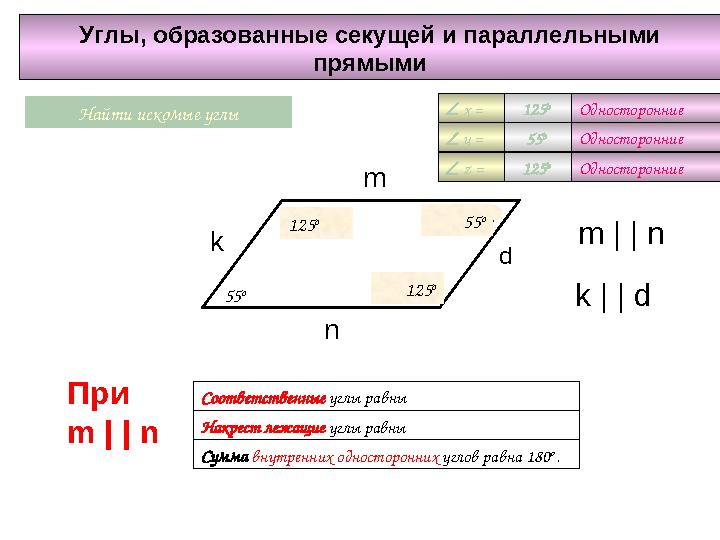 Углы, образованные секущей и параллельными прямыми xНайти искомые углы y 55 o z  x =  y =  z = 125 o Односторонни