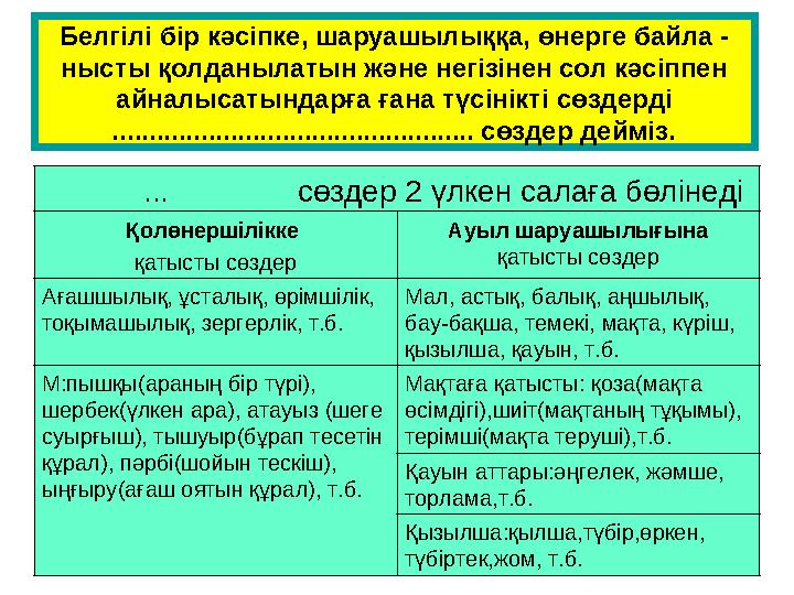 Белгілі бір кәсіпке, шаруашылыққа, өнерге байла - нысты қолданылатын және негізінен сол кәсіппен айналысатындарға ғана түсін