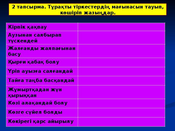 2 тапсырма. Тұрақты тіркестердің мағынасын тауып, көшіріп жазыңдар. Кірпік қақпау Аузынан салбырап түскендей Жалғанды жалпа