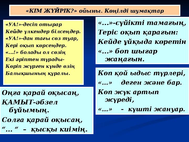 «КІМ ЖҮЙРІК?» ойыны. Көңілді шумақтар«КІМ ЖҮЙРІК?» ойыны. Көңілді шумақтар «УА!»-десіп отырар Кейде үлкендер білсеңдер. «УА!»