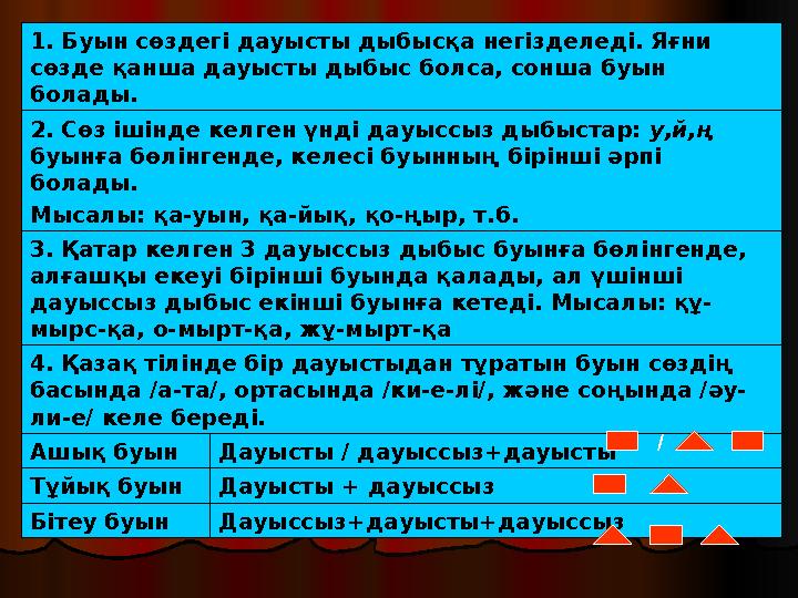 1. Буын сөздегі дауысты дыбысқа негізделеді. Яғни сөзде қанша дауысты дыбыс болса, сонша буын болады. 2. Сөз ішінде кел