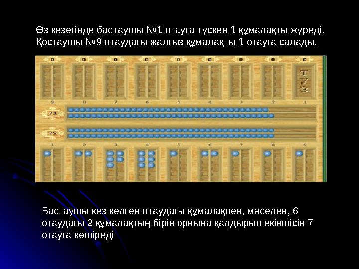 Өз кезегінде бастаушы №1 отауға түскен 1 құмалақты жүреді. Қостаушы №9 отаудағы жалғыз құмалақты 1 отауға салады. Бастаушы кез