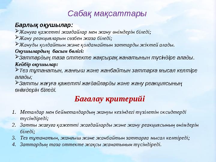 Барлық оқушылар:  Жануға қажетті жағдайлар мен жану өнімдерін біледі;  Жану реакцияларын сөзбен жаза біледі;  Жануды қолдай