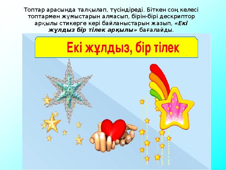 Топтар арасында талқылап, түсіндіреді. Біткен соң келесі топтармен жұмыстарын алмасып, бірін-бірі дескриптор арқылы стикерге к