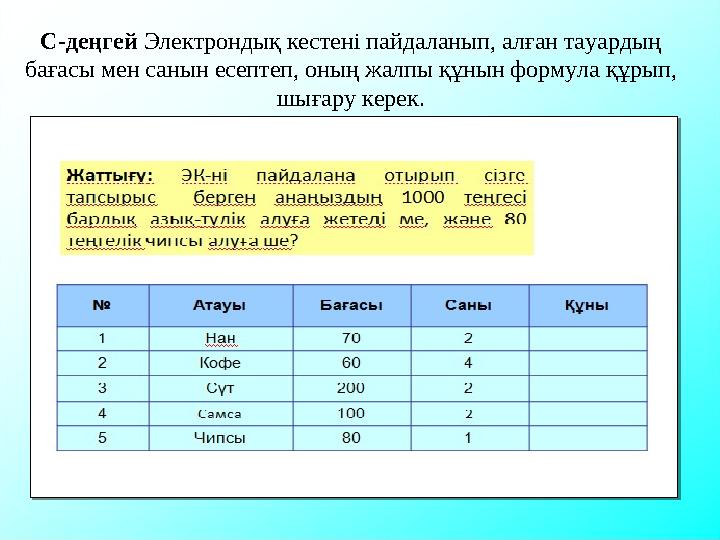 С-деңгей Электрондық кестені пайдаланып, алған тауардың бағасы мен санын есептеп, оның жалпы құнын формула құрып, шығару кере