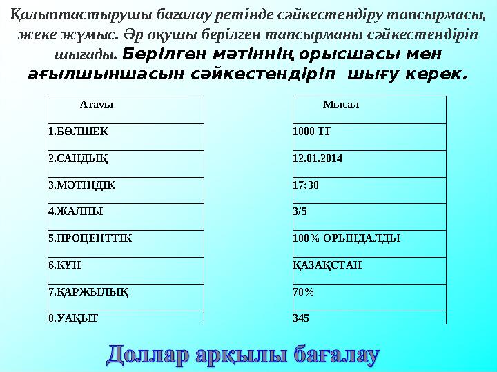 Қалыптастырушы бағалау ретінде сәйкестендіру тапсырмасы, жеке жұмыс. Әр оқушы берілген тапсырманы сәйкестендіріп шығады. Беріл