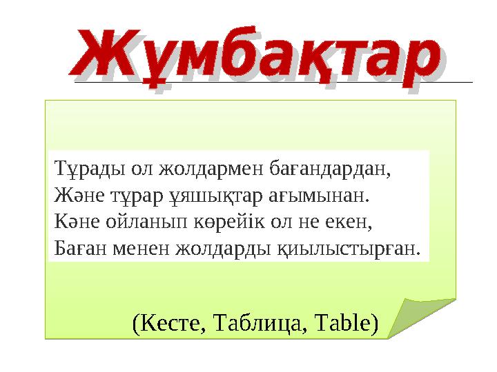 Тұрады ол жолдармен бағандардан, Және тұрар ұяшықтар ағымынан. Кәне ойланып көрейік ол не екен, Баған менен жолдарды қиылыстыр