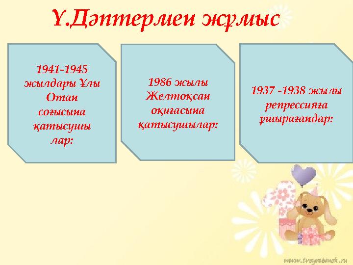 Y.Дәптермен жұмыс 1941-1945 жылдары Ұлы Отан соғысына қатысушы лар: 1986 жылы Желтоқсан оқиғасына қатысушылар: 1937 -1938 ж