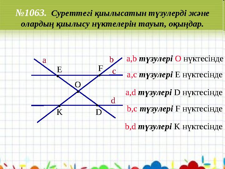 №1063. Суреттегі қиылысатын түзулерді және олардың қиылысу нүктелерін тауып, оқыңдар. . K . .. D FE . O a c d b а,с түзулері