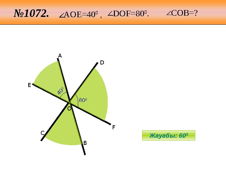 №1072. C O E A F B D 4 0 0 80 0 ∠ ∠AОE=40 0 , ∠DОF=80 0 . COB=? Жауабы: 60 0