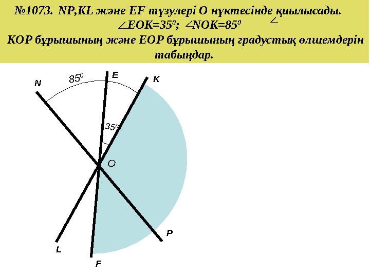 35 0 85 0 О F P L K E N №1073. NP,KL және EF түзулері O нүктесінде қиылысады. EOK=35 0 ; NOK=85 0 KOP бұрышының және EOP