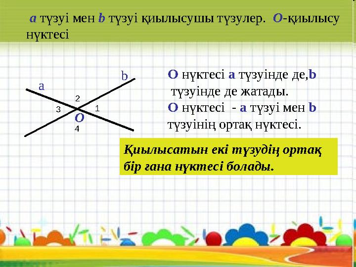 а b O а түзуі мен b түзуі қиылысушы түзулер. О-қиылысу нүктесі Қиылысатын екі түзудің ортақ бір ғана нүктесі болады. О нүк