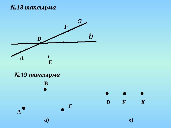 №18 тапсырма а b А D F E №19 тапсырма а) ә) А В С D E K