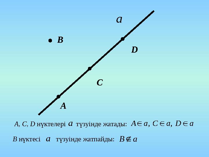 В А C D а А, С, D нүктелері түзуінде жатады: а aDаСаА  ,, В нүктесі түзуінде жатпайды: а aB