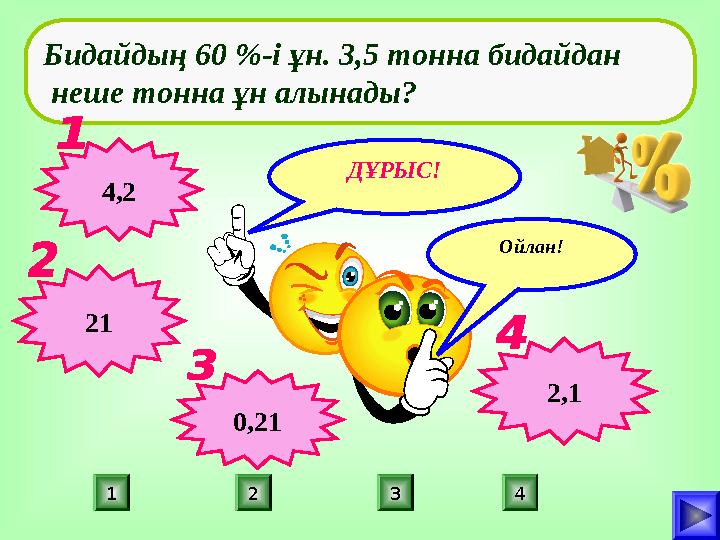 ДҰРЫС! ПОДУМАЙ! 42 31 ПОДУМАЙ!Ойлан! Бидайдың 60 %-і ұн. 3,5 тонна бидайдан неше тонна ұн алынады? 4,2 21 0,21 2,1