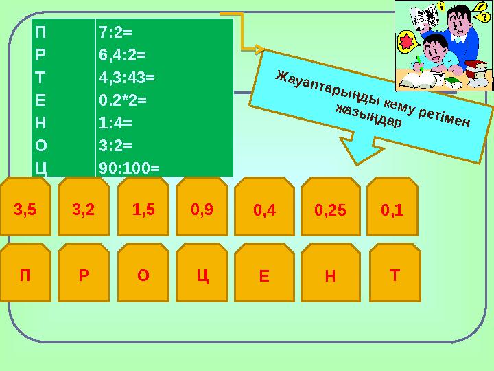 П Р Т Е Н О Ц 7:2= 6,4:2= 4,3:43= 0.2*2= 1:4= 3:2= 90:100= 3,5 3,2 1,5 0,9 0,4 0,25 0,1 П Р О Ц Е Н Т Ж ауаптары ңды кем