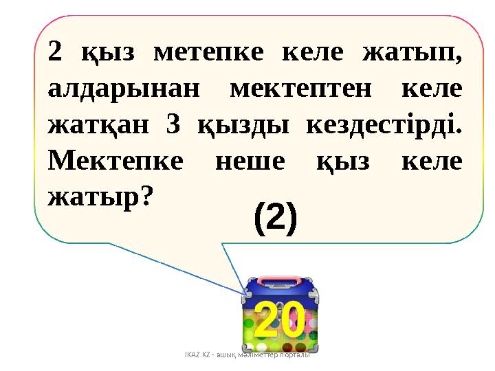 2 қыз метепке келе жатып, алдарынан мектептен келе жатқан 3 қызды кездестірді. Мектепке неше қыз келе жатыр? IKAZ.
