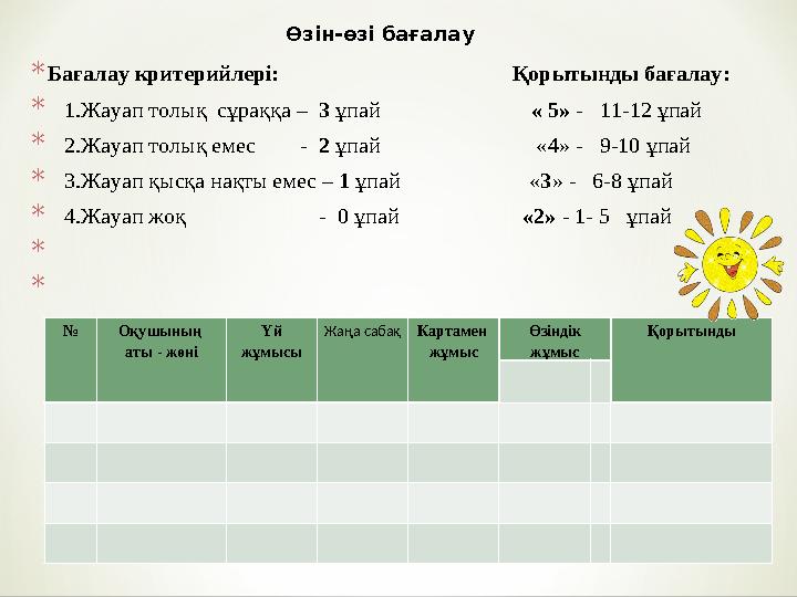 *Бағалау критерийлері: Қорытынды бағалау: * 1.Жауап толық сұраққа – 3 ұпай