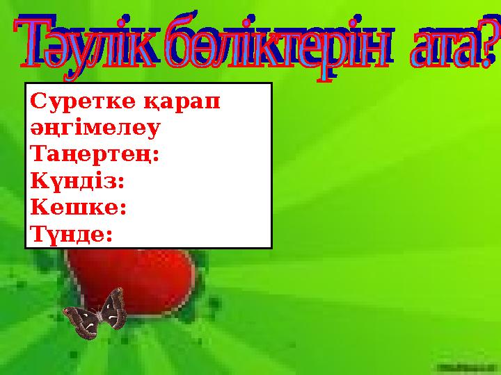 Суретке қарап әңгімелеу Таңертең: Күндіз: Кешке: Түнде: