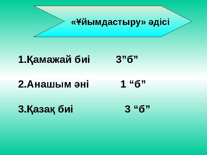 «Ұйымдастыру» әдісі 1.Қамажай биі 3”б” 2.Анашым әні 1 “б” 3.Қазақ биі 3 “б” «Ұйымдастыру» әдісі 1.Қамажай биі 3”б” 2.Анашым әні 1 “б” 3.Қазақ биі 3 “б”