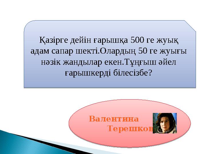 Қазірге дейін ғарышқа 500 ге жуық адам сапар шекті.Олардың 50 ге жуығы нәзік жандылар екен.Тұңғыш әйел ғарышкерді білесізбе?