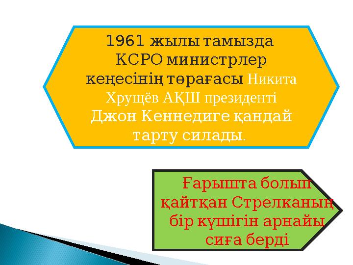 1961 жылытамызда КСРОминистрлер кең есініңтөрағасы Никита Хрущёв АҚШ президенті ДжонКеннедигеқандай . тартусилады