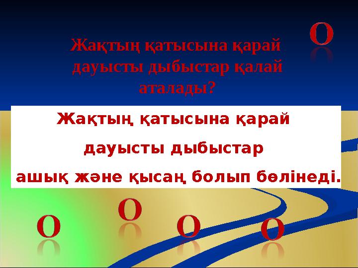 Жақтың қатысына қарай дауысты дыбыстар ашық және қысаң болып бөлінеді. Жақтың қатысына қарай дауысты дыбыстар қалай аталад