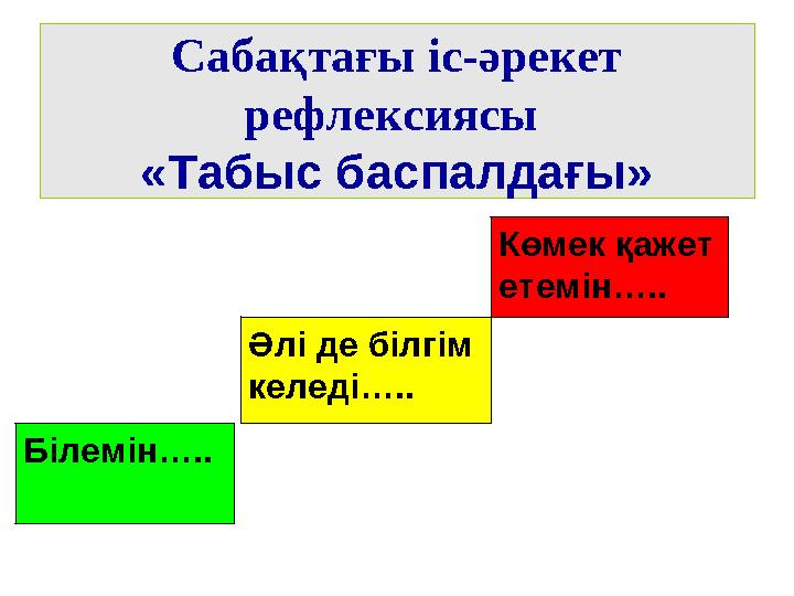 Сабақтағы іс-әрекет рефлексиясы «Табыс баспалдағы» Әлі де білгім келеді….. Көмек қажет етемін….. Білемін…..