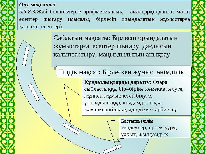 Сабақтың мақсаты: Бірлесіп орындалатын жұмыстарға есептер шығару дағдысын қалыптастыру, маңыздылығын анықтау Құндылықтарды д