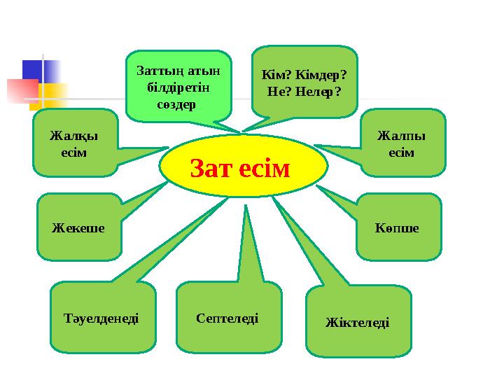 Зат есім Кім? Кімдер? Не? Нелер? Заттың атын білдіретін сөздер Жалқы есім Жалпы есім Жекеше Көпше Тәуелденеді Септелед