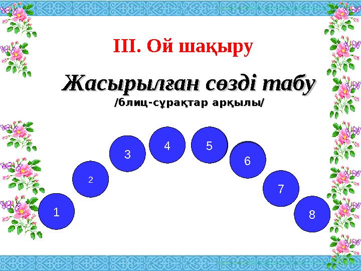 ІІІ. Ой шақыру Жасырылған сөзді табуЖасырылған сөзді табу /блиц-сұрақтар арқылы//блиц-сұрақтар арқылы/ И Н Е Т Р Н 2 1 3 4 5 6 Е