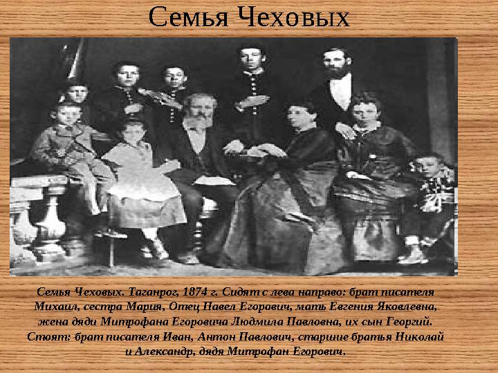 Семья Чеховых Семья Чеховых. Таганрог, 1874 г. Сидят с лева направо: брат писателя Михаил, сестра Мария, Отец Павел Егорович, м