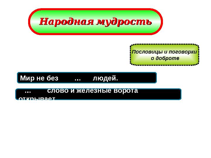 Народнаямудрость Народнаямудрость Пословицы и поговорки о доброте Мир не без … людей. … слово и же