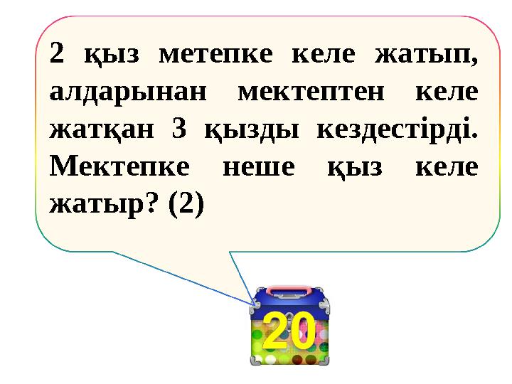 2 қыз метепке келе жатып, алдарынан мектептен келе жатқан 3 қызды кездестірді. Мектепке неше қыз келе жатыр? (2)