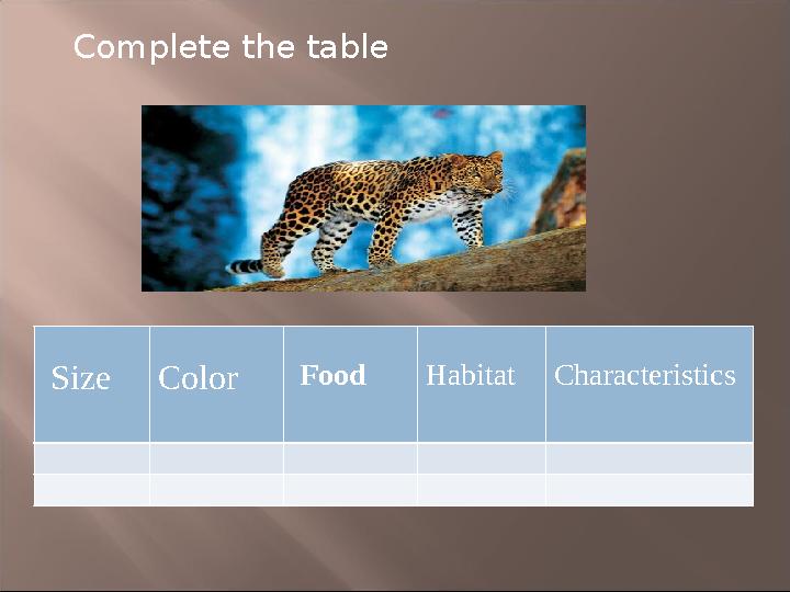 Complete the table . Size Color Food HabitatCharacteristics