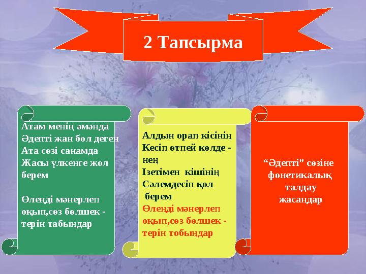 Атам менің әмәнда Әдепті жан бол деген Ата сөзі санамда Жасы үлкенге жол берем Өлеңді мәнерлеп оқып,сөз бөлшек - терін табың