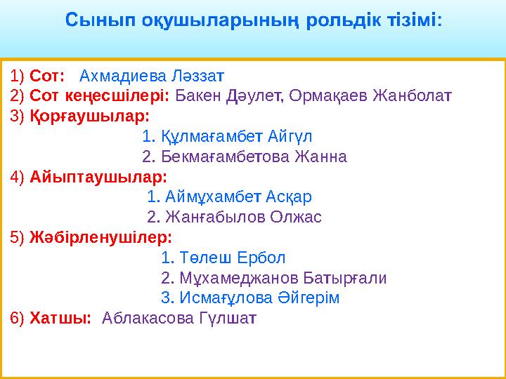 1) Сот: Ахмадиева Ләззат 2) Сот кеңесшілері: Бакен Дәулет, Ормақаев Жанболат 3) Қорғаушылар: