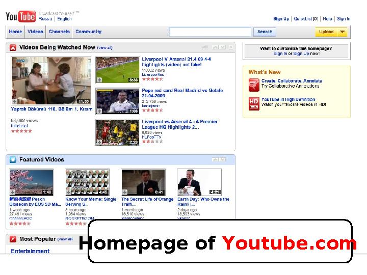 Homepage of Youtube.com