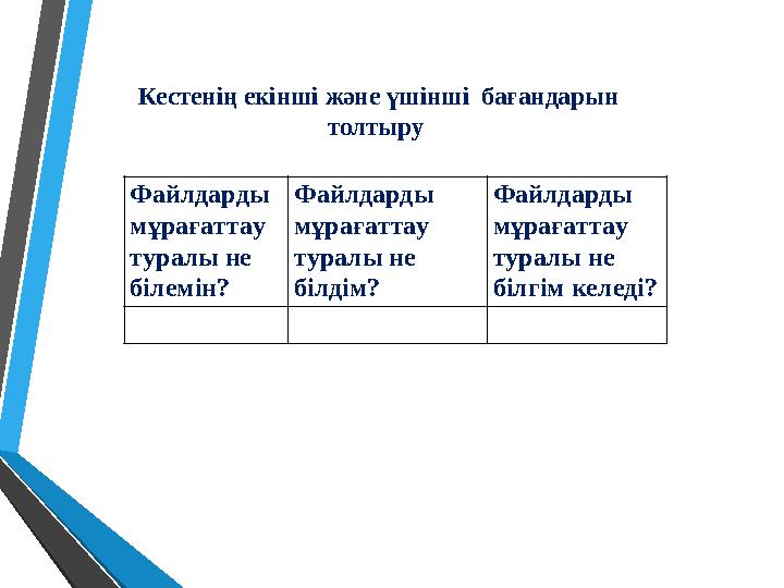 Кестенің екінші және үшінші бағандарын толтыру Файлдарды мұрағаттау туралы не білемін? Файлдарды мұрағаттау туралы не б