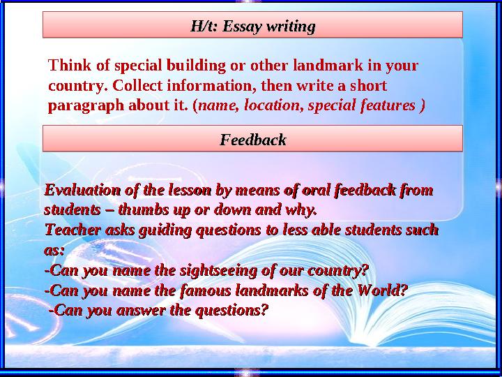 Think of special building or other landmark in your country. Collect information, then write a short paragraph about it. ( nam