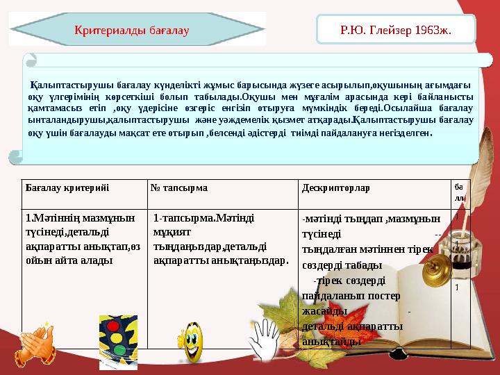 Критериалды бағалау Қалыптастырушы бағалау күнделікті жұмыс барысында жүзеге асырылып,оқушының ағымдағы оқу үлгерімінің көрсет