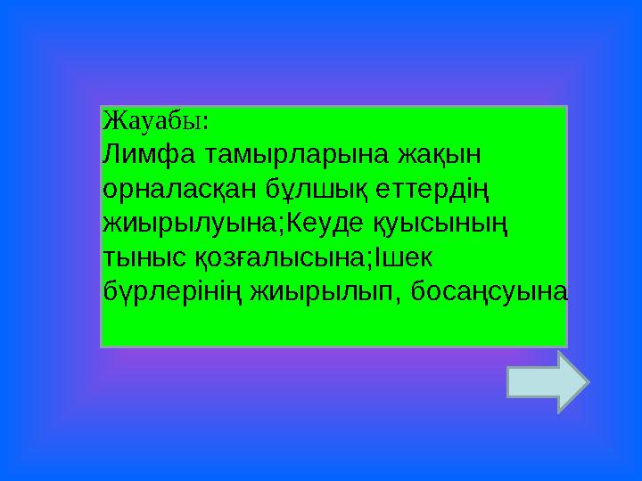 Жауабы: Лимфа тамырларына жақын орналасқан бұлшық еттердің жиырылуына;Кеуде қуысының тыныс қозғалысына;Ішек бүрлерінің жиы