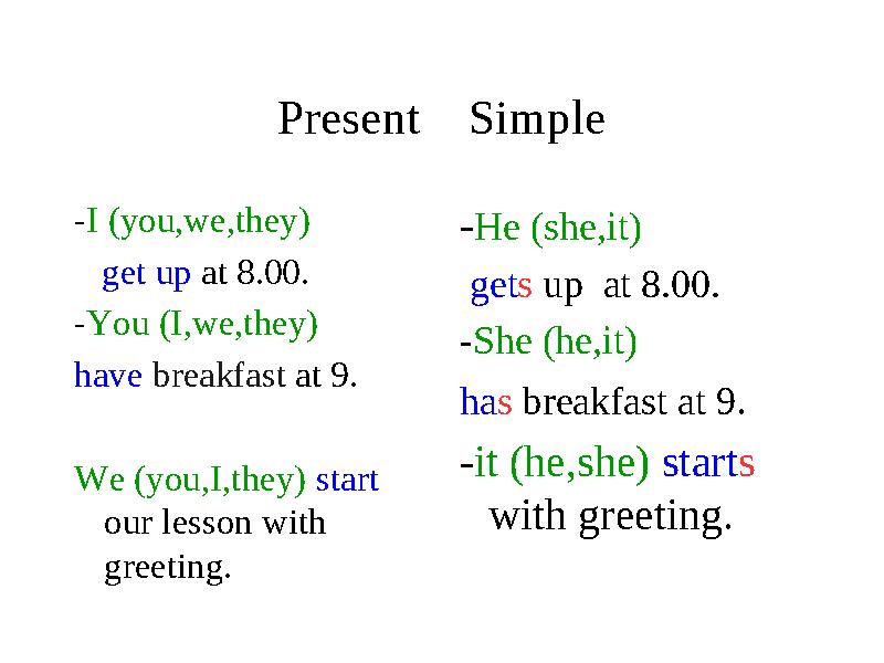 Present Simple - I (you,we,they) get up at 8.00. - You (I,we,they) have breakfast at 9. We (you,I,they) start our