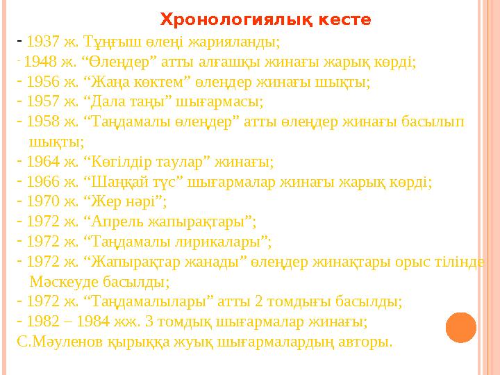 Хронологиялық кесте - 1937 ж. Тұңғыш өлеңі жарияланды; - 1948 ж. “Өлеңдер” атты алғашқы жинағы жа