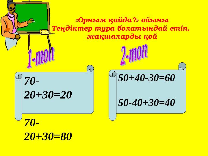 «Орным қайда?» ойыны Теңдіктер тура болатындай етіп, жақшаларды қой 70- 20+30=20 70- 20+30=80 50+40-30=60 50-40+30=40