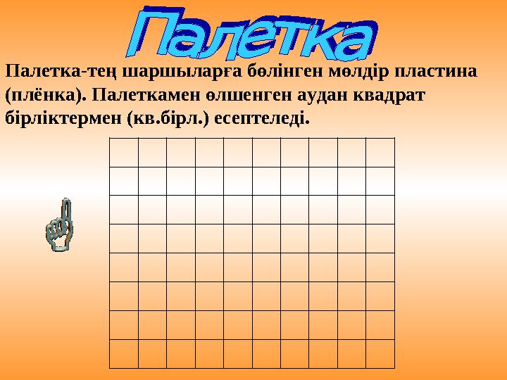 Палетка-тең шаршыларға бөлінген мөлдір пластина (плёнка). Палеткамен өлшенген аудан квадрат бірліктермен (кв.бірл.) есептеледі