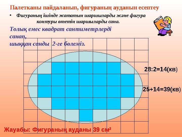Палетканы пайдаланып, фигураның ауданын есептеу •Фигураның ішінде жататын шаршыларды және фигура контуры өтетін шаршыларды са