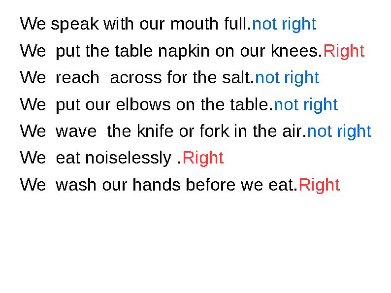 We speak with our mouth full. not right We put the table napkin on our knees. Right We reach across for the salt. not righ