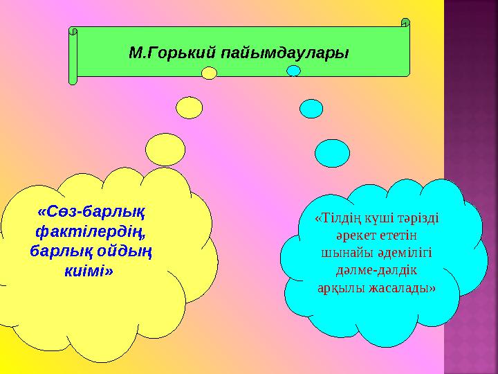 М.Горький пайымдаулары «Сөз-барлық фактілердің, барлық ойдың киімі» «Тілдің күші тәрізді әрекет ететін шынайы әдемілігі