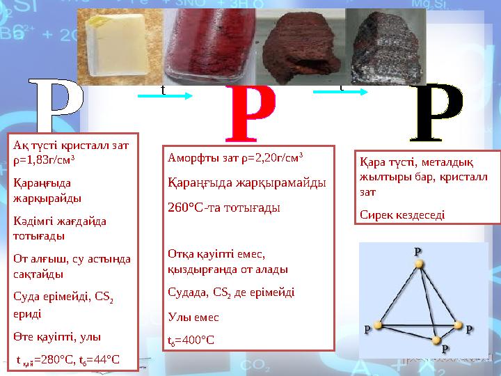 Ақ түсті кристалл зат ρ = 1,83г/см 3 Қараңғыда жарқырайды Кәдімгі жағдайда тотығады От алғыш, су астында сақтайды Суда еріме